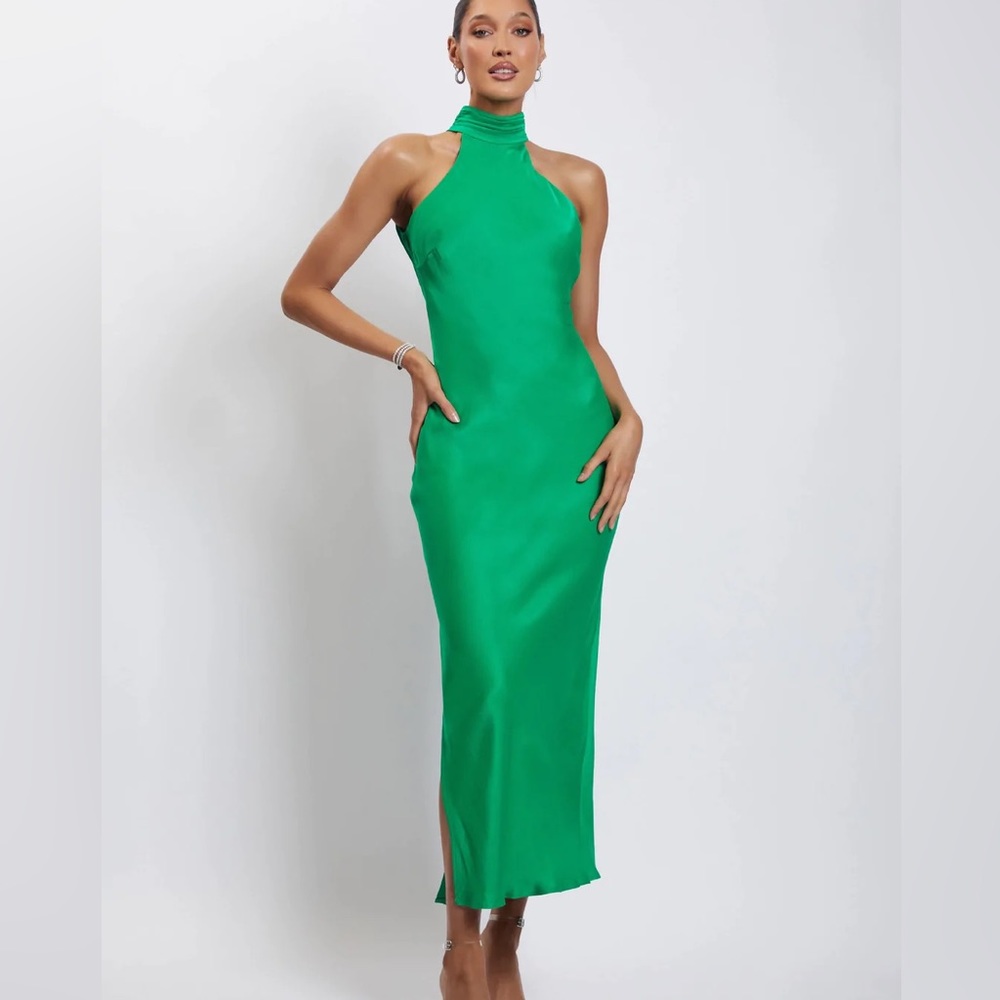 Claire Satin Drape Back Maxi Dress in Green
